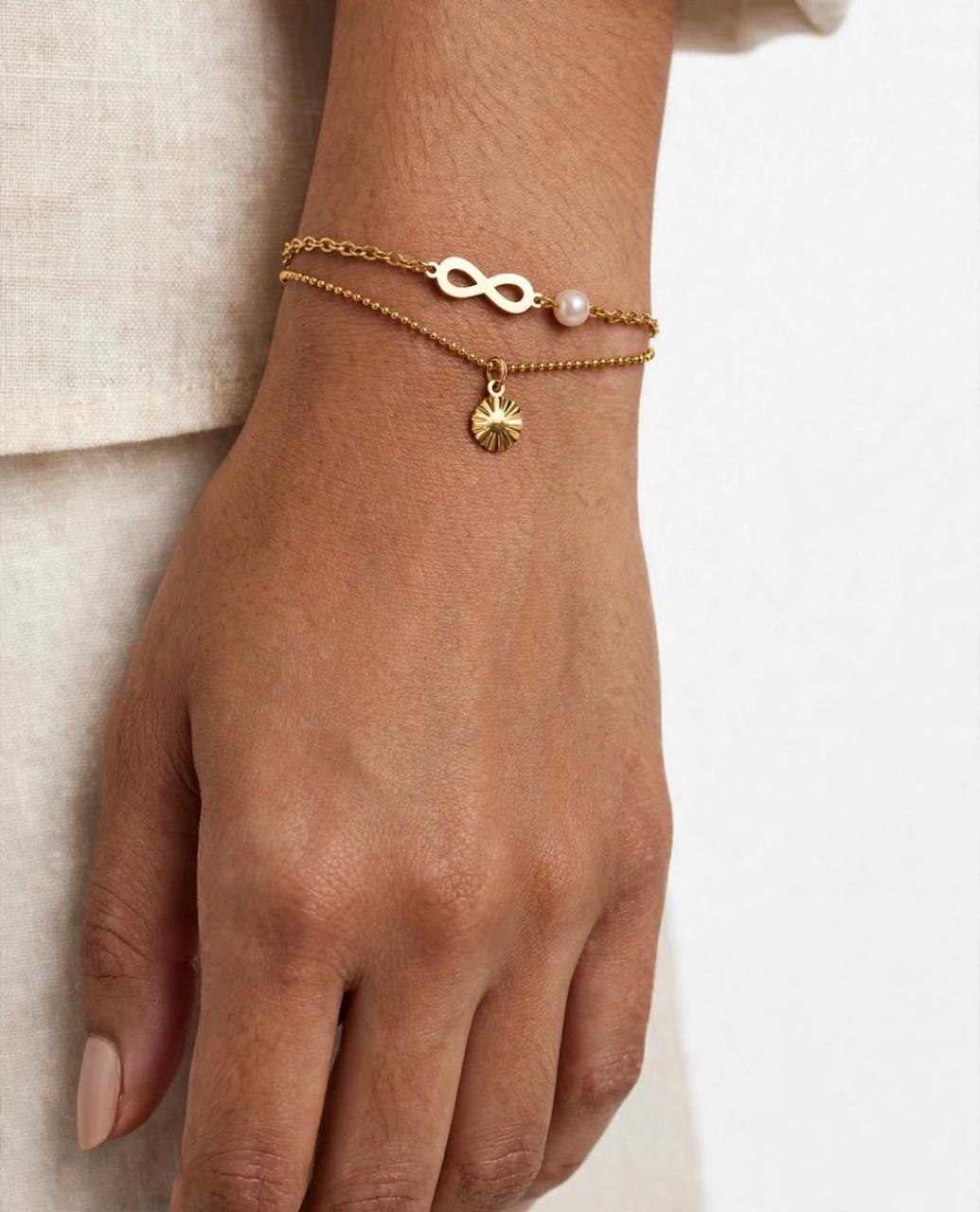 INFINITY PEARL LAYERED CHARM BRACELET
