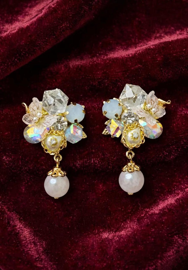 FLORAL CRYSTAL CLUSTER EARRINGS WITH PEARL DROP